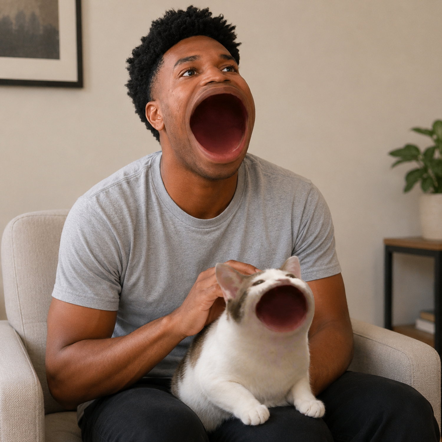 POPSEM and his cat both with giant open mouths