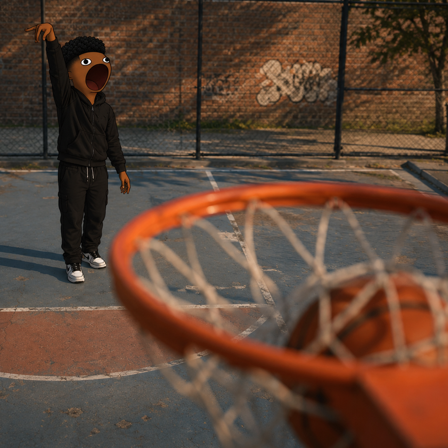 POPSEM pointing to the sky on a basketball court