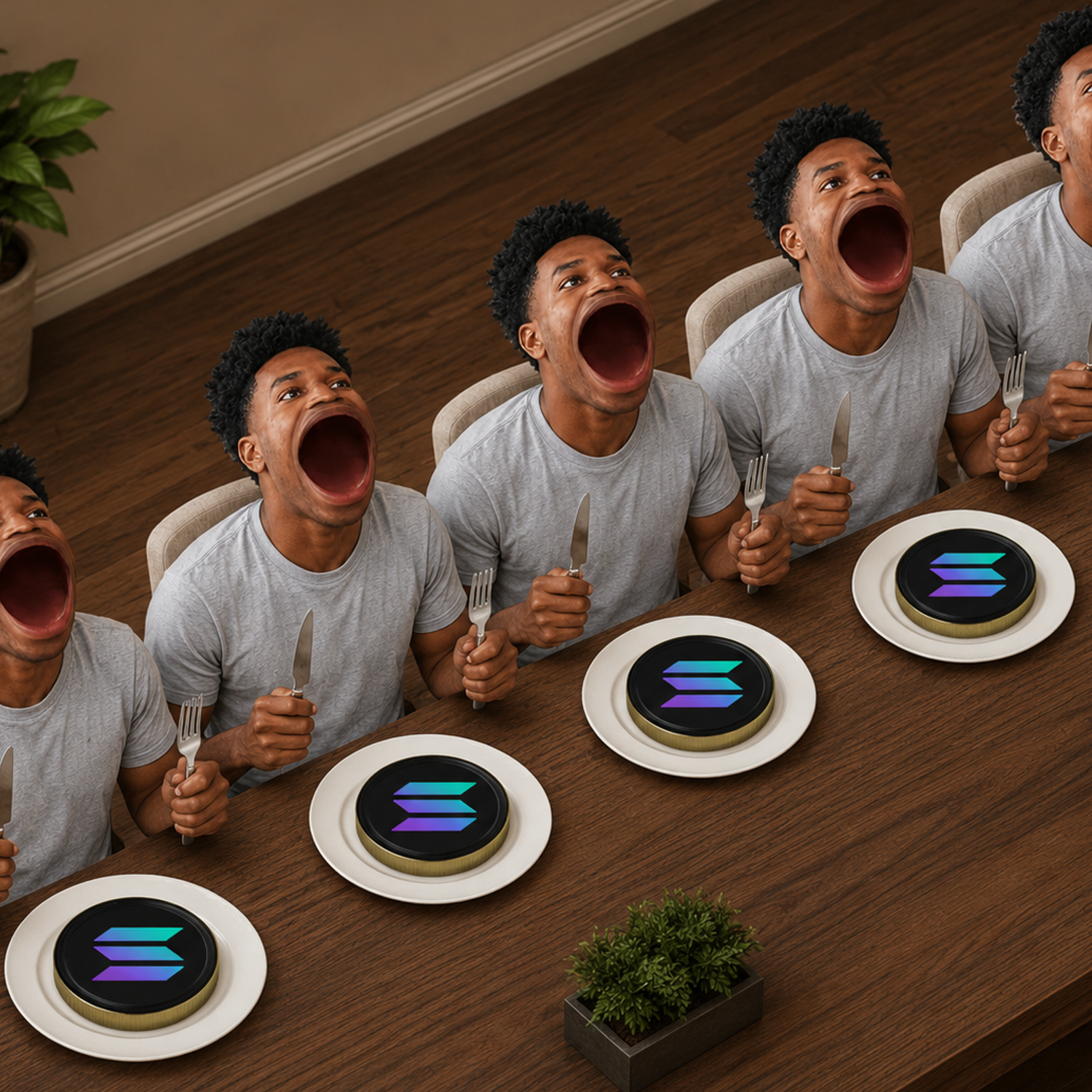 POPSEM crew waiting at the dinner table with Solana coins on their plates