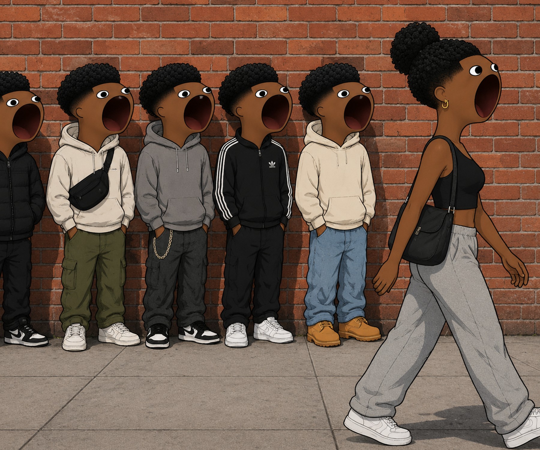 A lineup of POPSEM characters against a brick wall